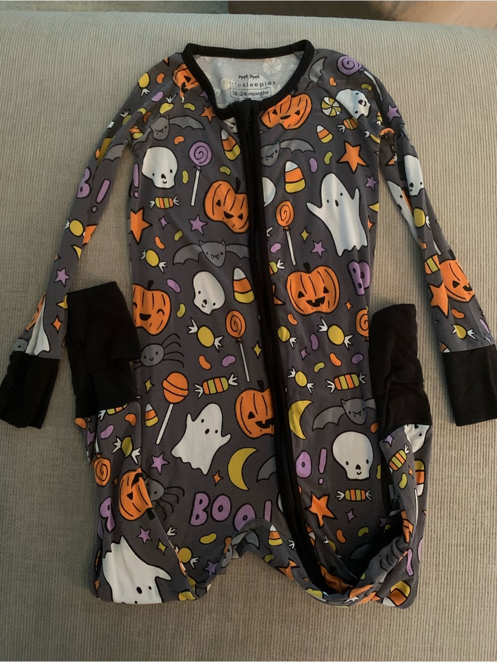 Little Sleepies Gray Halloween Ghost & Pumpkin One-Piece Footie